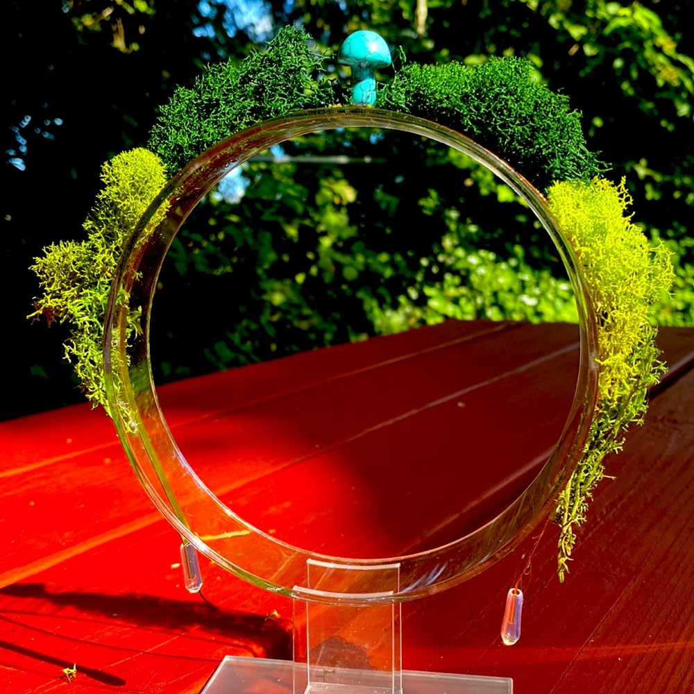 Turquoise Crystal Mushroom metal Headband with Moss